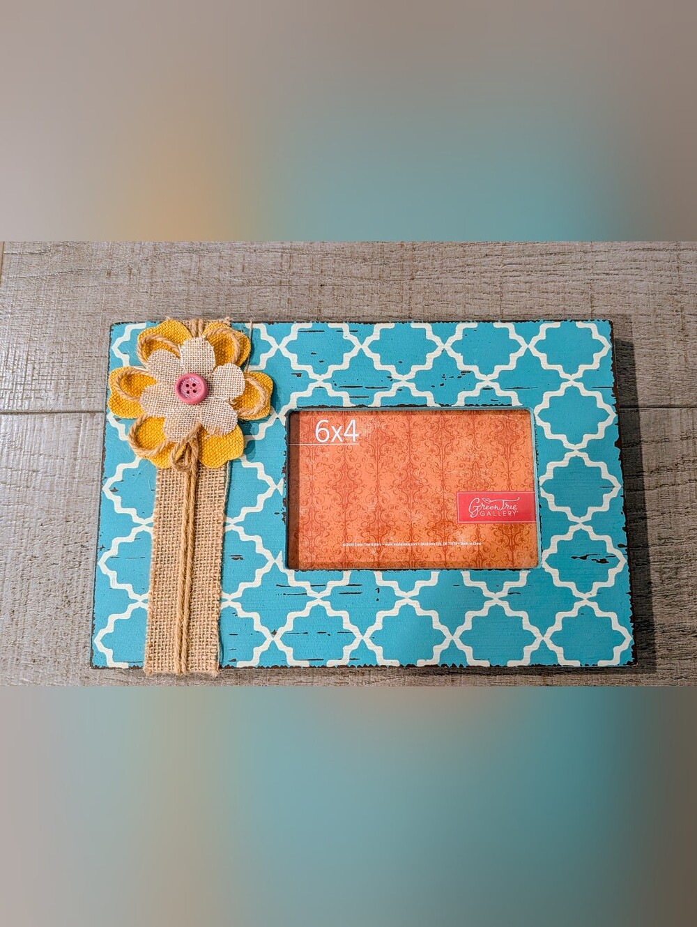 Greentree Gallery Hobby Lobby Turquoise Lattice Frame Yellow Burlap Flower NWT